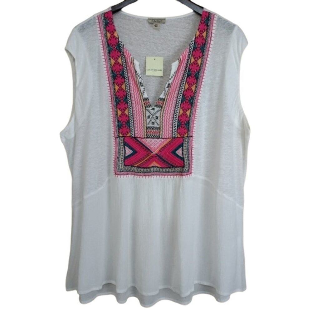Lucky Brand Split Neck Embroidered Top